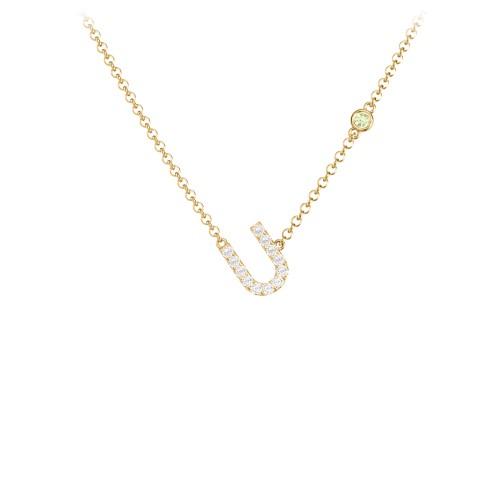Pavé U Initial Necklace with Satellite Gemstone – 10K Yellow Gold with White Premium Zirconia and Peridot