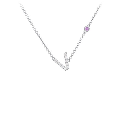 Pavé V Initial Necklace with Satellite Gemstone – Sterling Silver with White Premium Zirconia and Amethyst