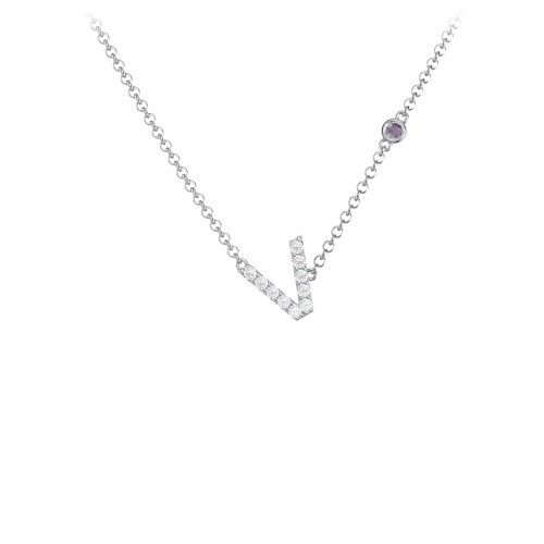 Pavé V Initial Necklace with Satellite Gemstone – Sterling Silver with White Premium Zirconia and Alexandrite