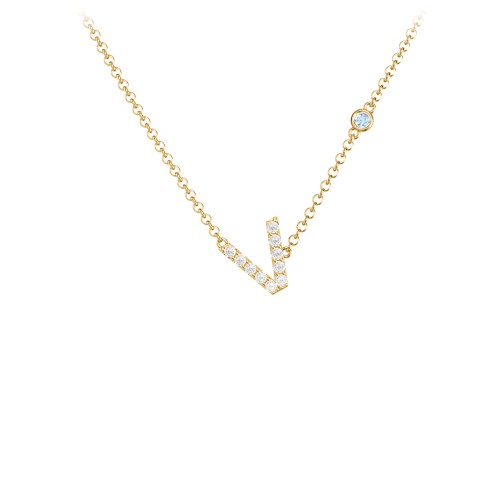 Pavé V Initial Necklace with Satellite Gemstone – 10K Yellow Gold with White Premium Zirconia and Blue Topaz