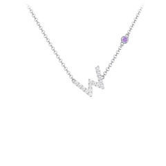 Pavé W Initial Necklace with Satellite Gemstone – 10K Yellow Gold with White Premium Zirconia and Amethyst