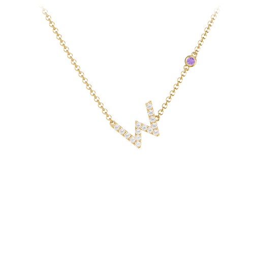 Pavé W Initial Necklace with Satellite Gemstone – 10K Yellow Gold with White Premium Zirconia and Amethyst
