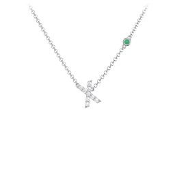 Pavé X Initial Necklace with Satellite Gemstone in 925 Sterling Silver with White Premium Zirconia and Emerald
