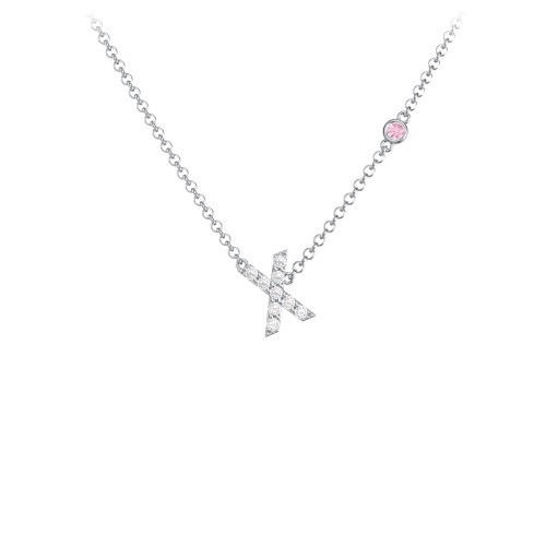 Pavé X Initial Necklace with Satellite Gemstone – Sterling Silver with White Premium Zirconia and Pink Tourmaline