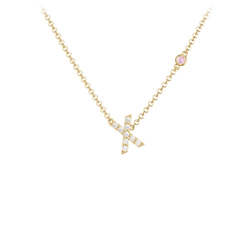 Pavé X Initial Necklace with Satellite Gemstone – 10K Yellow Gold with White Premium Zirconia and Pink Tourmaline