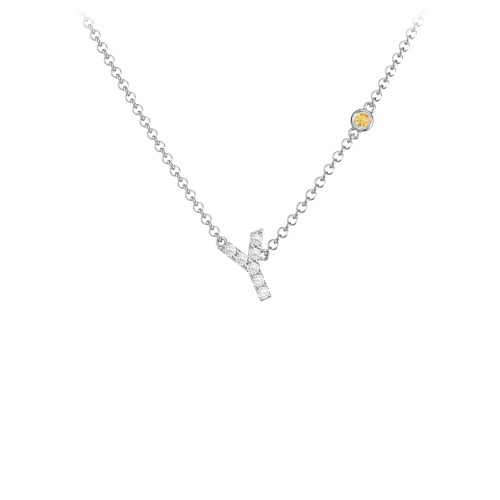 Pavé Y Initial Necklace with Satellite Gemstone – Sterling Silver with White Premium Zirconia and Citrine