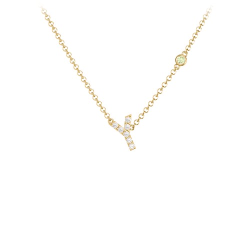 Pavé Y Initial Necklace with Satellite Gemstone – 10K Yellow Gold with White Premium Zirconia and Peridot