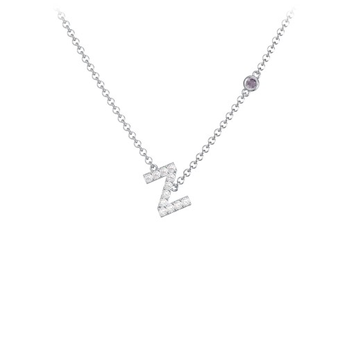 Pavé Z Initial Necklace with Satellite Gemstone – Sterling Silver with White Premium Zirconia and Alexandrite