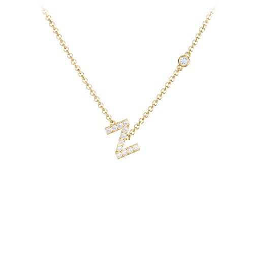 Pavé Z Initial Necklace with Satellite Gemstone – 10K Yellow Gold with White Premium Zirconia and Aquamarine