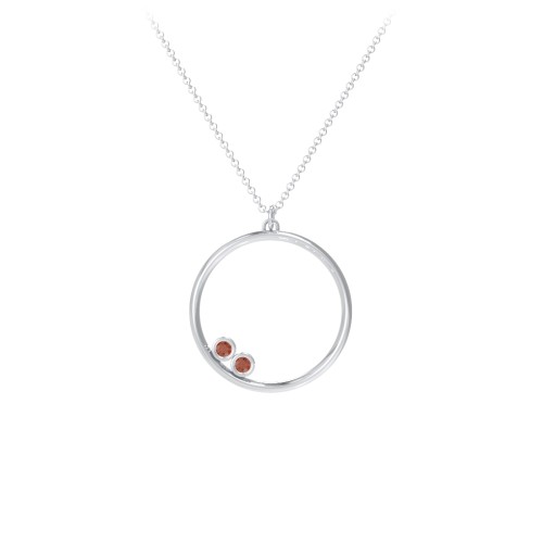Open Circle Necklace with 2 Birthstones – Sterling Silver with Garnet