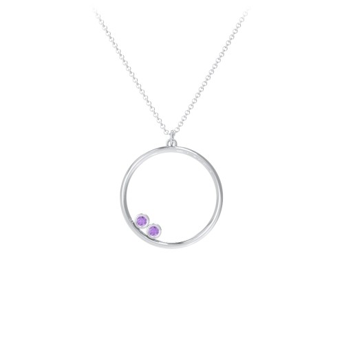Open Circle Necklace with 2 Birthstones – Sterling Silver with Amethyst