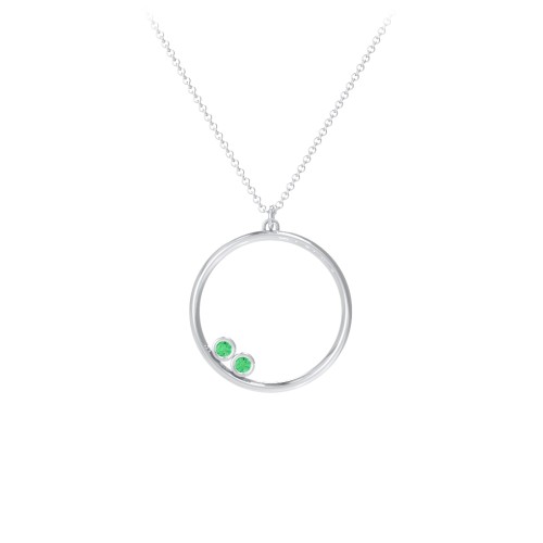 Open Circle Necklace with 2 Birthstones – Sterling Silver with Emerald