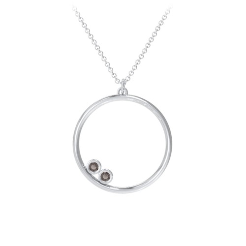 Open Circle Necklace with 2 Birthstones – Sterling Silver with Smokey Quartz