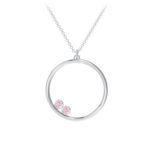 Open Circle Necklace with 2 Birthstones – Sterling Silver with Pink Tourmaline