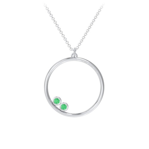 Open Circle Necklace with 2 Birthstones – Sterling Silver with Emerald