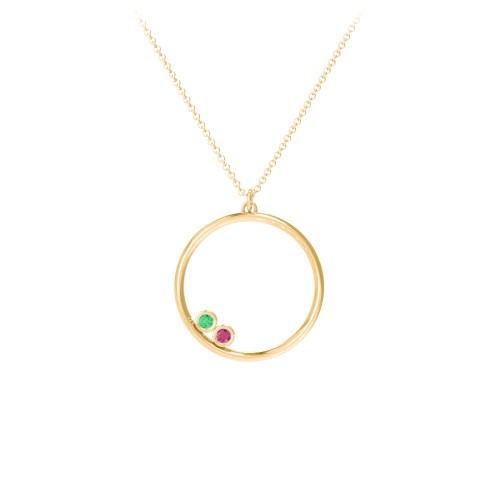 Open Circle Necklace with 2 Birthstones – 10K Yellow Gold with Emerald and Ruby