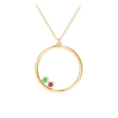 Open Circle Necklace with 2 Birthstones – 10K Yellow Gold with Emerald and Ruby