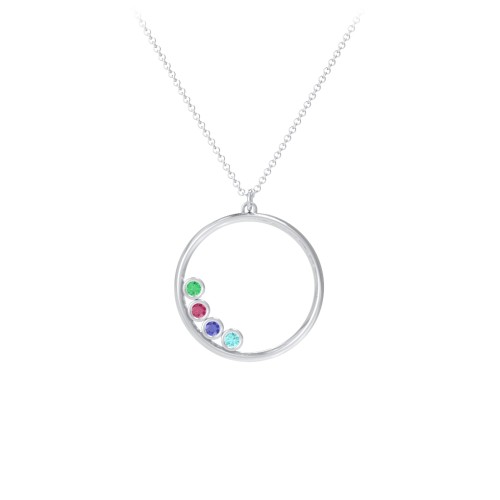 Open Circle Necklace with 4 Birthstones – Sterling Silver with Emerald, Ruby, Blue Sapphire, and Mint Premium Zirconia