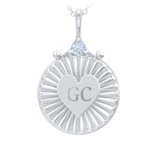 Engravable Sunburst Heart Necklace with Gemstone – Sterling Silver with Aquamarine