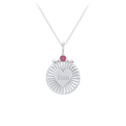 Engravable Sunburst Heart Necklace with Gemstone in 925 Sterling Silver with Ruby