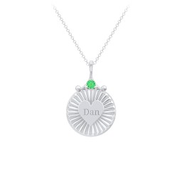Engravable Sunburst Heart Necklace with Gemstone in 925 Sterling Silver with Emerald