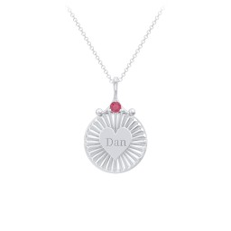 Engravable Sunburst Heart Necklace with Gemstone in 925 Sterling Silver with Ruby