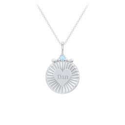 Engravable Sunburst Heart Necklace with Gemstone in 925 Sterling Silver with Blue Topaz