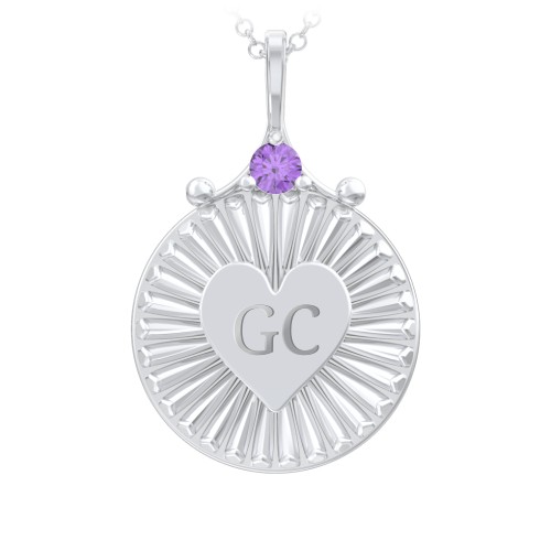 Engravable Sunburst Heart Necklace with Gemstone – Sterling Silver with Amethyst