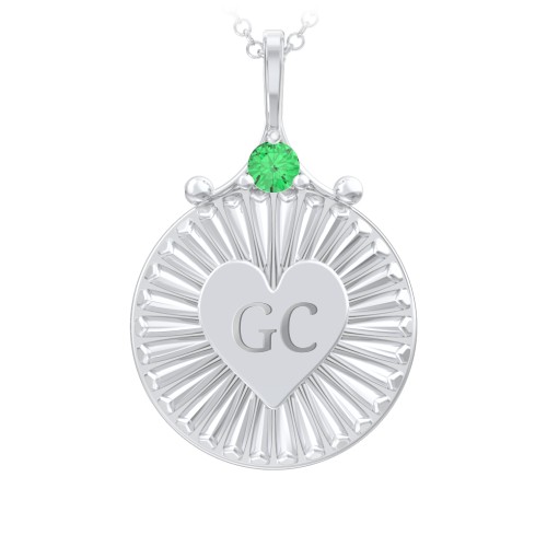 Engravable Sunburst Heart Necklace with Gemstone – Sterling Silver with Emerald