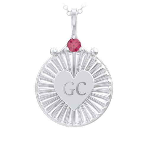 Engravable Sunburst Heart Necklace with Gemstone – Sterling Silver with Ruby