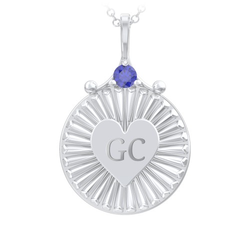 Engravable Sunburst Heart Necklace with Gemstone – Sterling Silver with Blue Sapphire