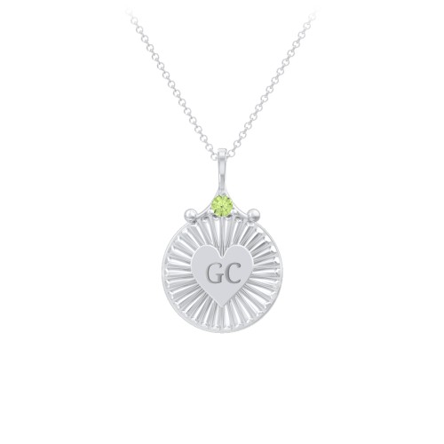 Engravable Sunburst Heart Necklace with Gemstone – Sterling Silver with Peridot
