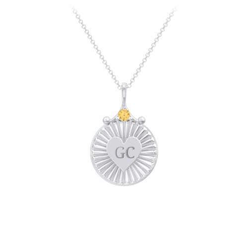 Engravable Sunburst Heart Necklace with Gemstone – Sterling Silver with Citrine