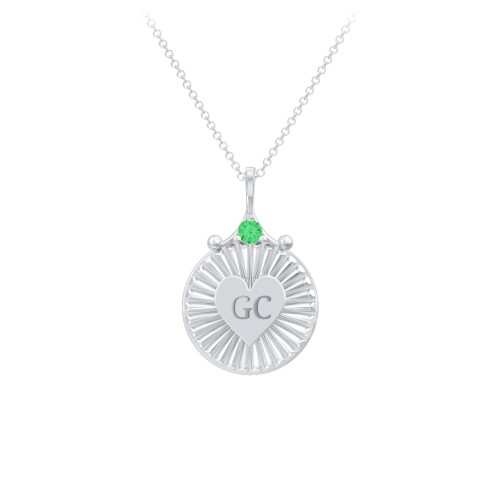 Engravable Sunburst Heart Necklace with Gemstone – Sterling Silver with Emerald