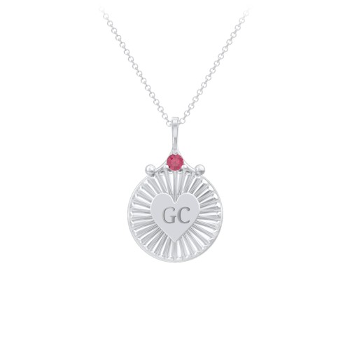 Engravable Sunburst Heart Necklace with Gemstone – Sterling Silver with Ruby