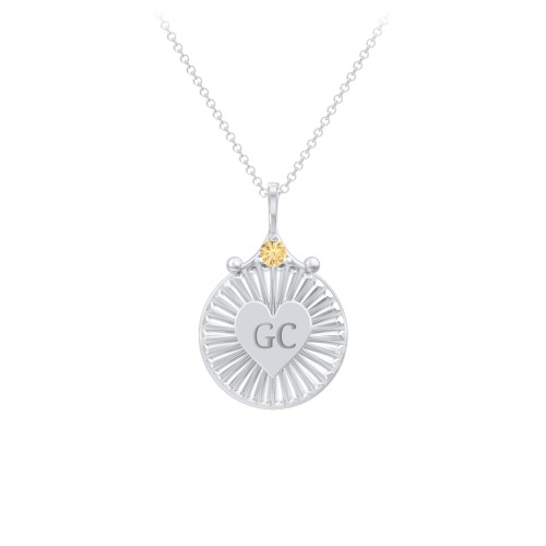 Engravable Sunburst Heart Necklace with Gemstone – Sterling Silver with Citrine