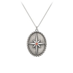 Engravable North Star Medallion Necklace with Accent Stone in 925 Sterling Silver with Garnet