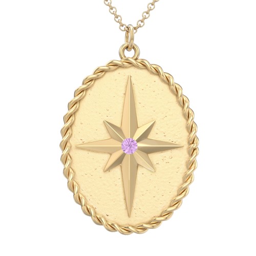 Engravable North Star Medallion Necklace with Accent Stone – 10K Yellow Gold with Amethyst
