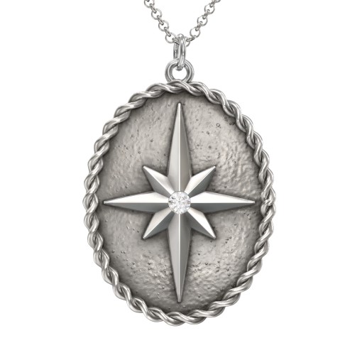 Engravable North Star Medallion Necklace with Accent Stone – Sterling Silver with Cubic Zirconia
