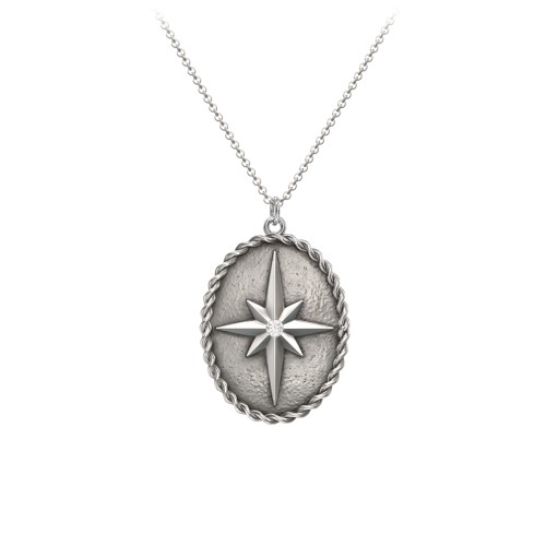 Engravable North Star Medallion Necklace with Accent Stone – Sterling Silver with Cubic Zirconia