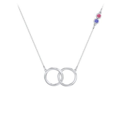 Interlocking Rings Pendant with Bezel Set Gemstones – Sterling Silver with Ruby and Blue Sapphire