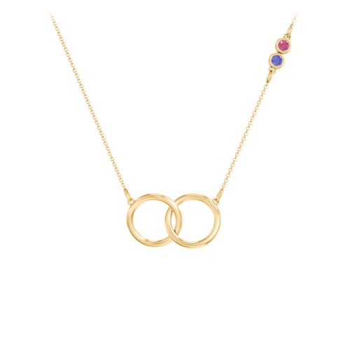 Interlocking Rings Pendant with Bezel Set Gemstones – 10K Yellow Gold with Ruby and Blue Sapphire