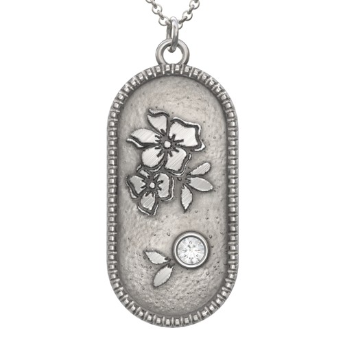 Engravable Forget-Me-Not Flower Medallion Necklace with Gemstone – Sterling Silver with Cubic Zirconia