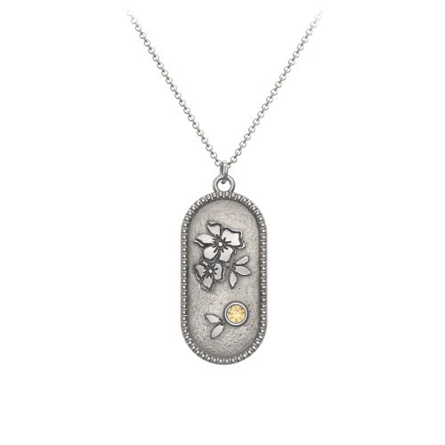 Engravable Forget-Me-Not Flower Medallion Necklace with Gemstone – Sterling Silver with Citrine