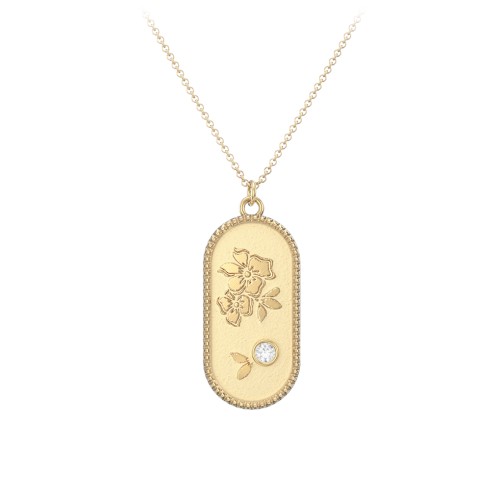 Engravable Forget-Me-Not Flower Medallion Necklace with Gemstone – 10K Yellow Gold with Cubic Zirconia