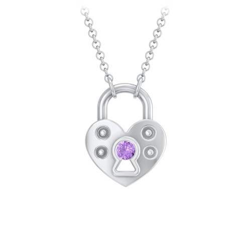 Heart Padlock Necklace with Gemstone Keyhole – Sterling Silver with Amethyst