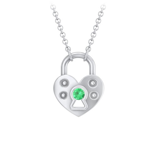 Heart Padlock Necklace with Gemstone Keyhole – Sterling Silver with Emerald