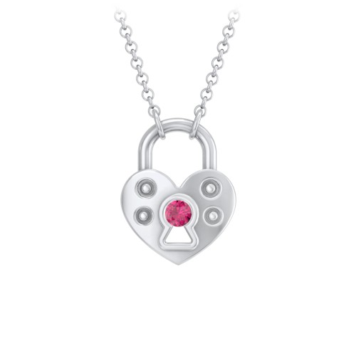 Heart Padlock Necklace with Gemstone Keyhole – Sterling Silver with Ruby