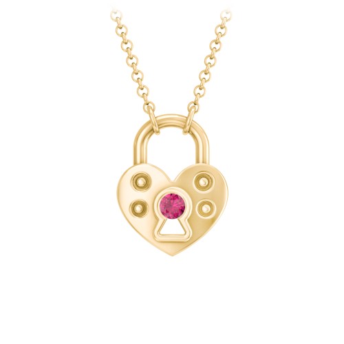Heart Padlock Necklace with Gemstone Keyhole – 10K Yellow Gold with Ruby