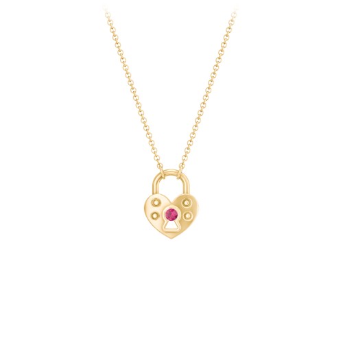 Heart Padlock Necklace with Gemstone Keyhole – 10K Yellow Gold with Ruby